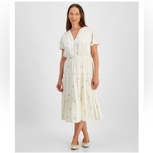 Style & Co Tulip v-neck lace trim tier a-line midi dress embroidered medium NEW